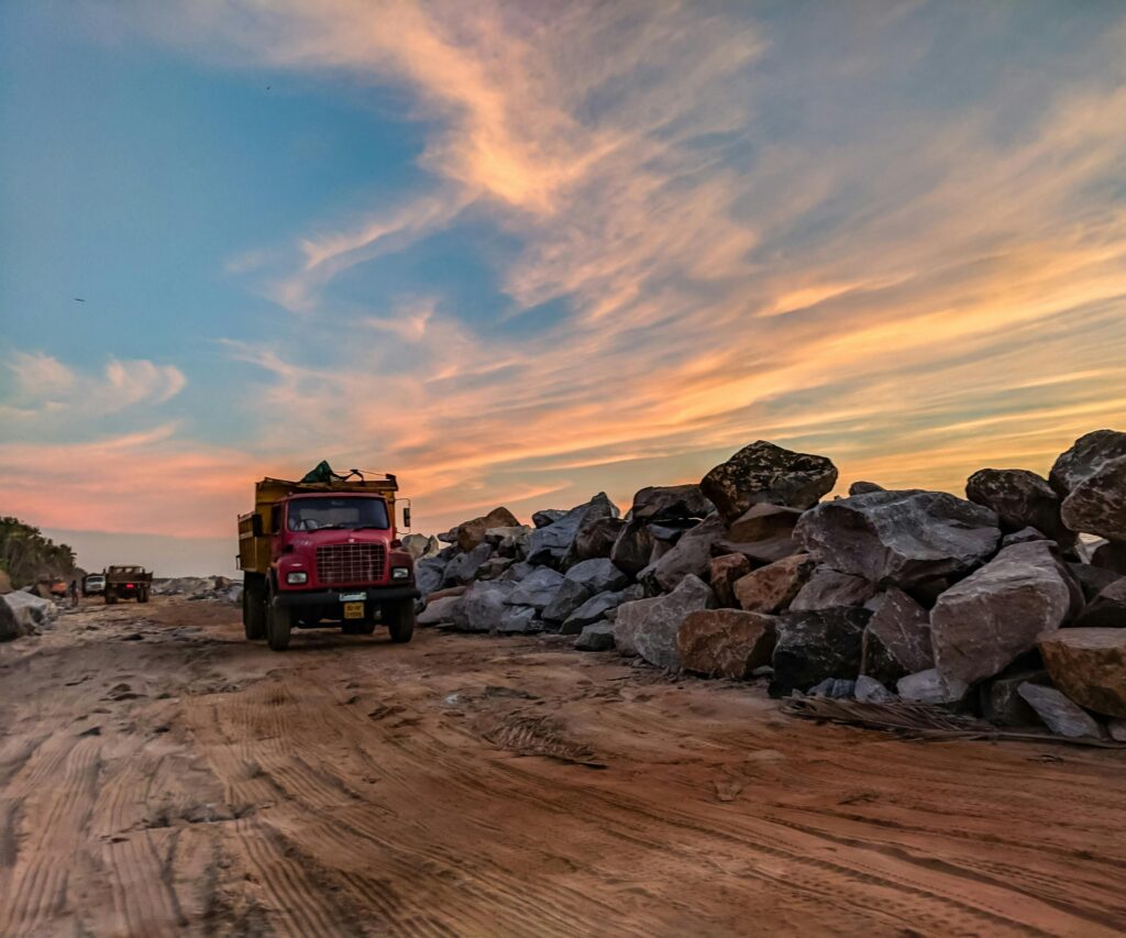 Dump trucks on a construction site